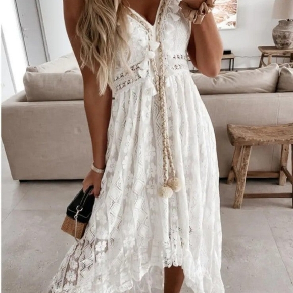 Boho Spaghetti Strap Sexy V-neck Lace Hem Maxi Swing Sundress Vacation Beachwear - Picture 3 of 6
